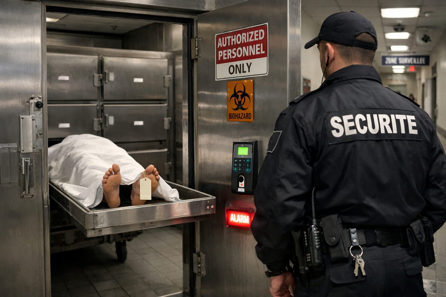 Agent de sécurité devant une morgue sécurisée avec contrôle d’accès et chambre froide mortuaire
