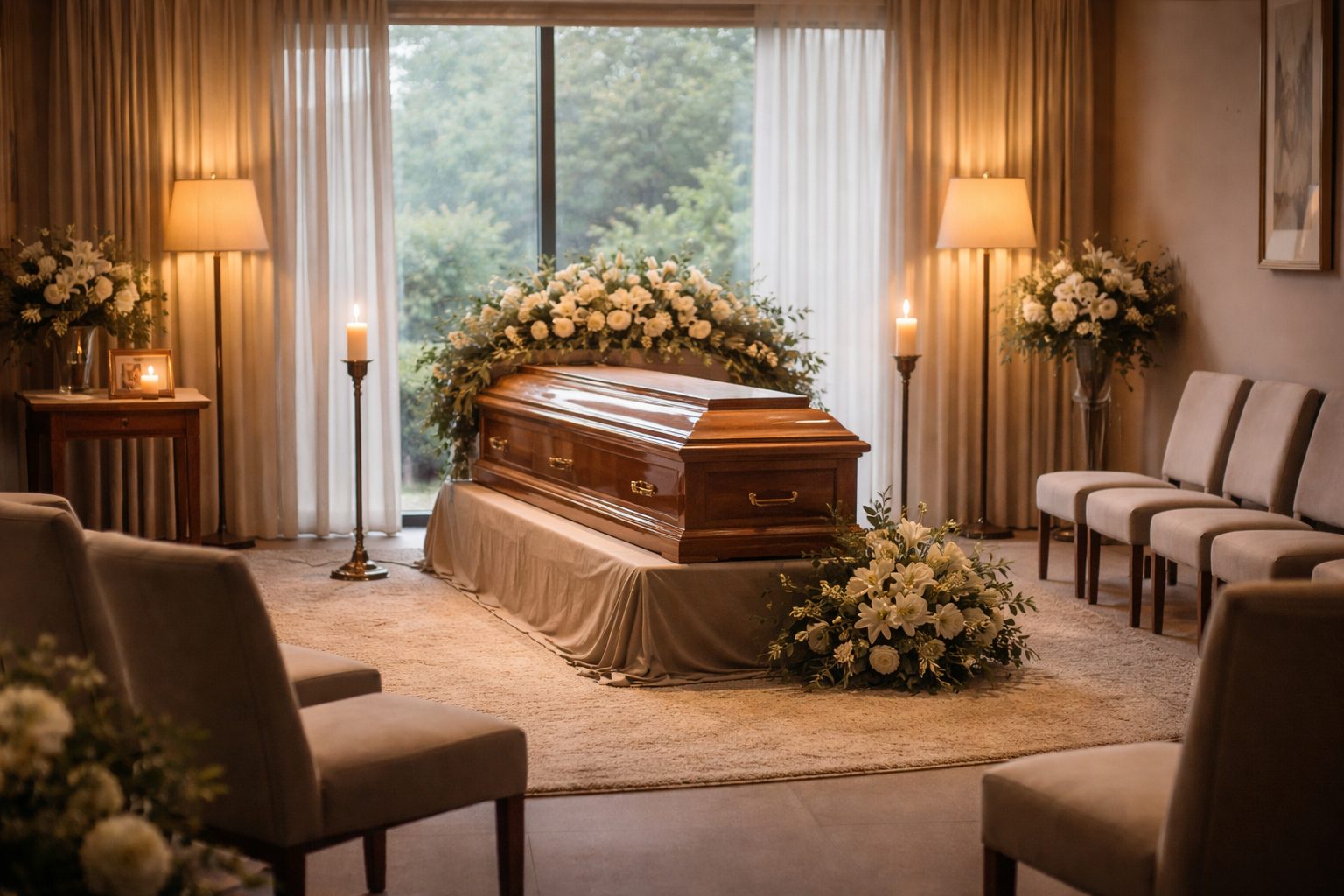 Chambre funéraire conçue comme un lieu de recueillement avec cercueil en bois, fleurs blanches, lumière douce et ambiance apaisante