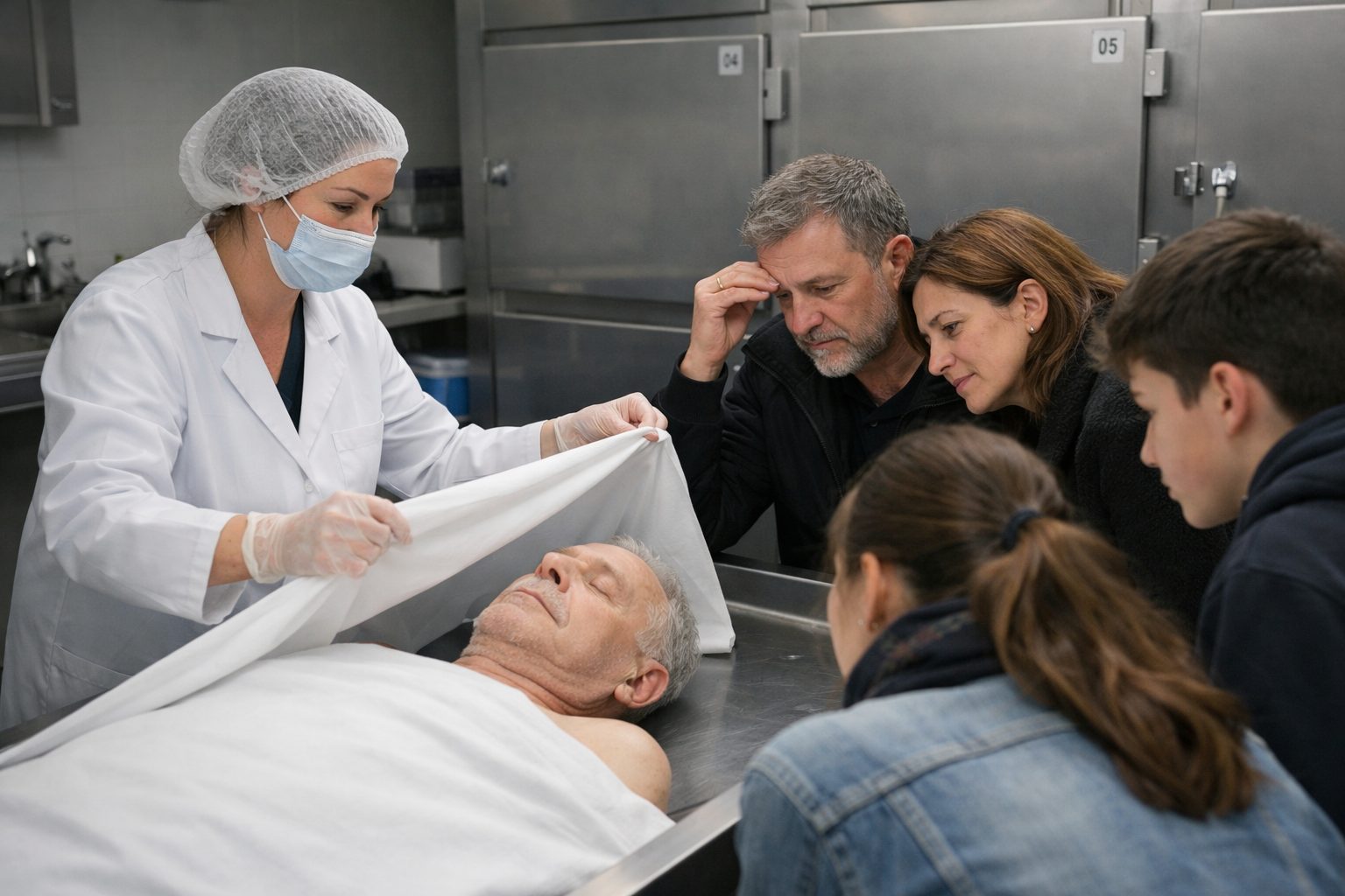 Famille en recueillement dans une morgue avec accompagnement du personnel funéraire