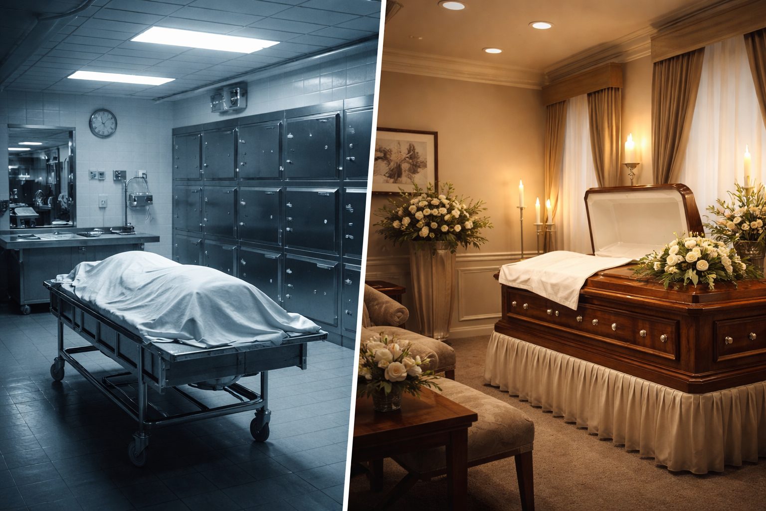 Comparaison réaliste entre une morgue hospitalière et une chambre funéraire montrant la différence entre un lieu technique et un espace de recueillement