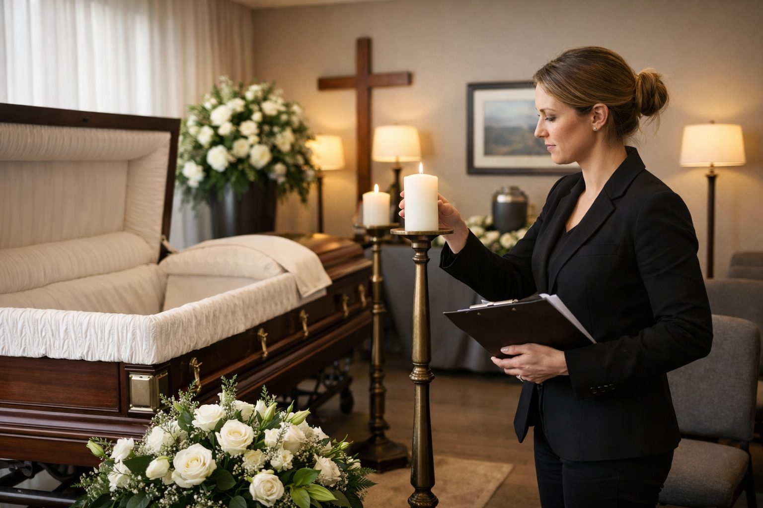 Organisation d’une chambre funéraire avant les obsèques avec préparation du salon de recueillement, cercueil ouvert, fleurs blanches et conseillère funéraire