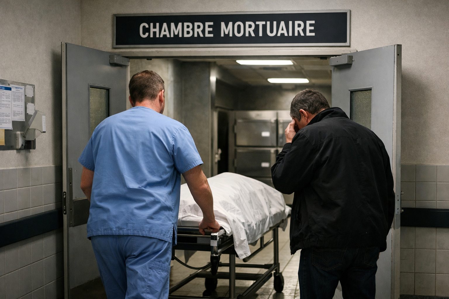 Brancardier d’hôpital conduisant un défunt couvert vers la chambre mortuaire avec un proche en deuil