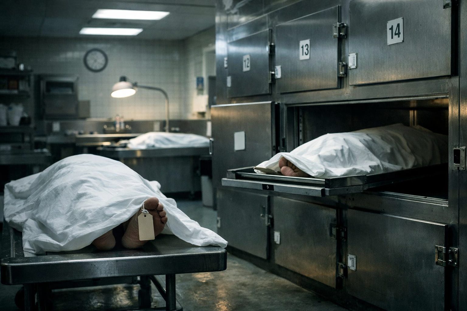 Salle de morgue ultra réaliste avec tables inox et espaces de conservation, en lien avec l’article sur l’usage actuel du terme morgue