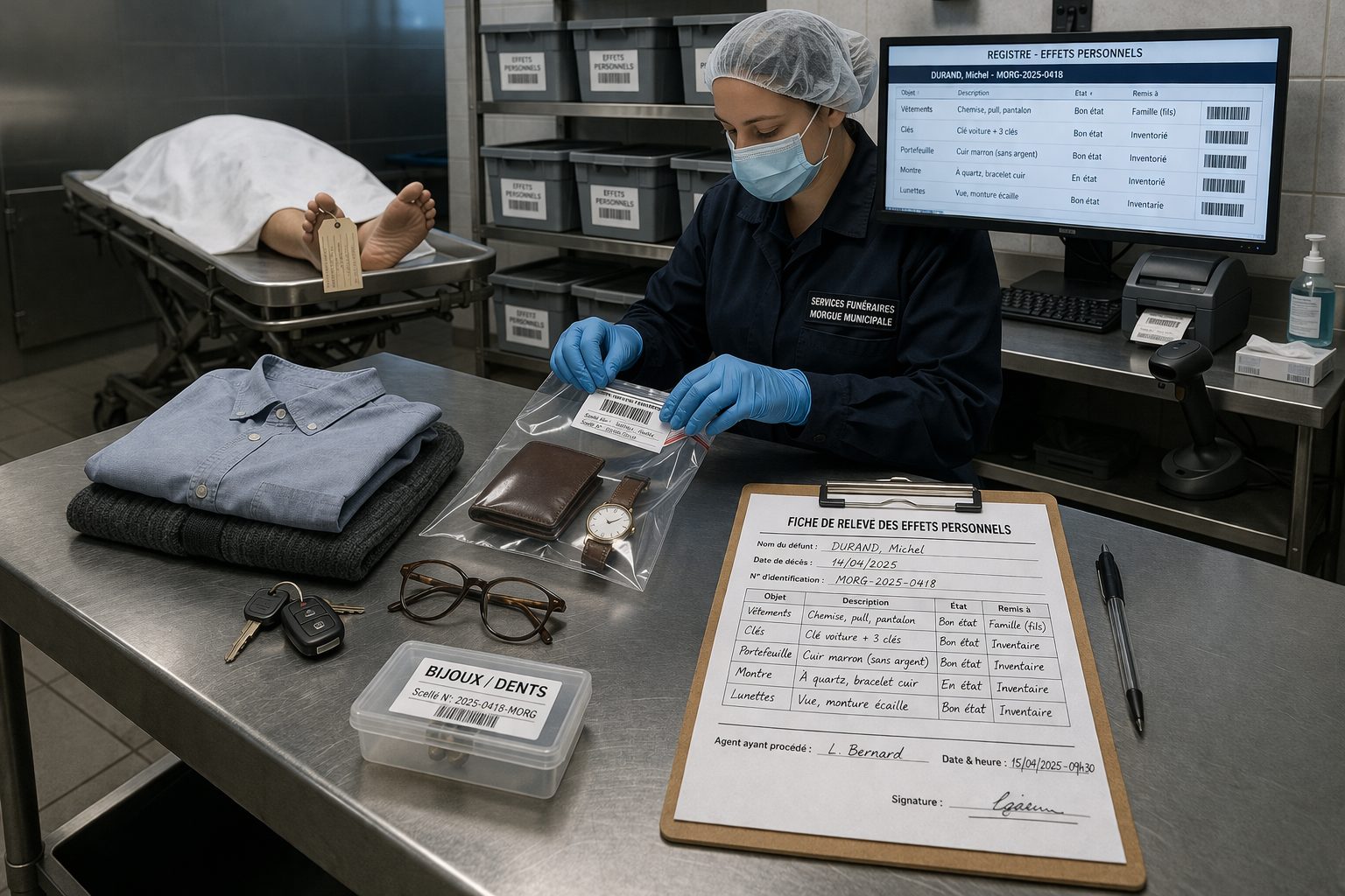 Gestion des effets personnels d’un défunt dans une morgue avec inventaire, objets personnels et mise sous sachet sécurisé