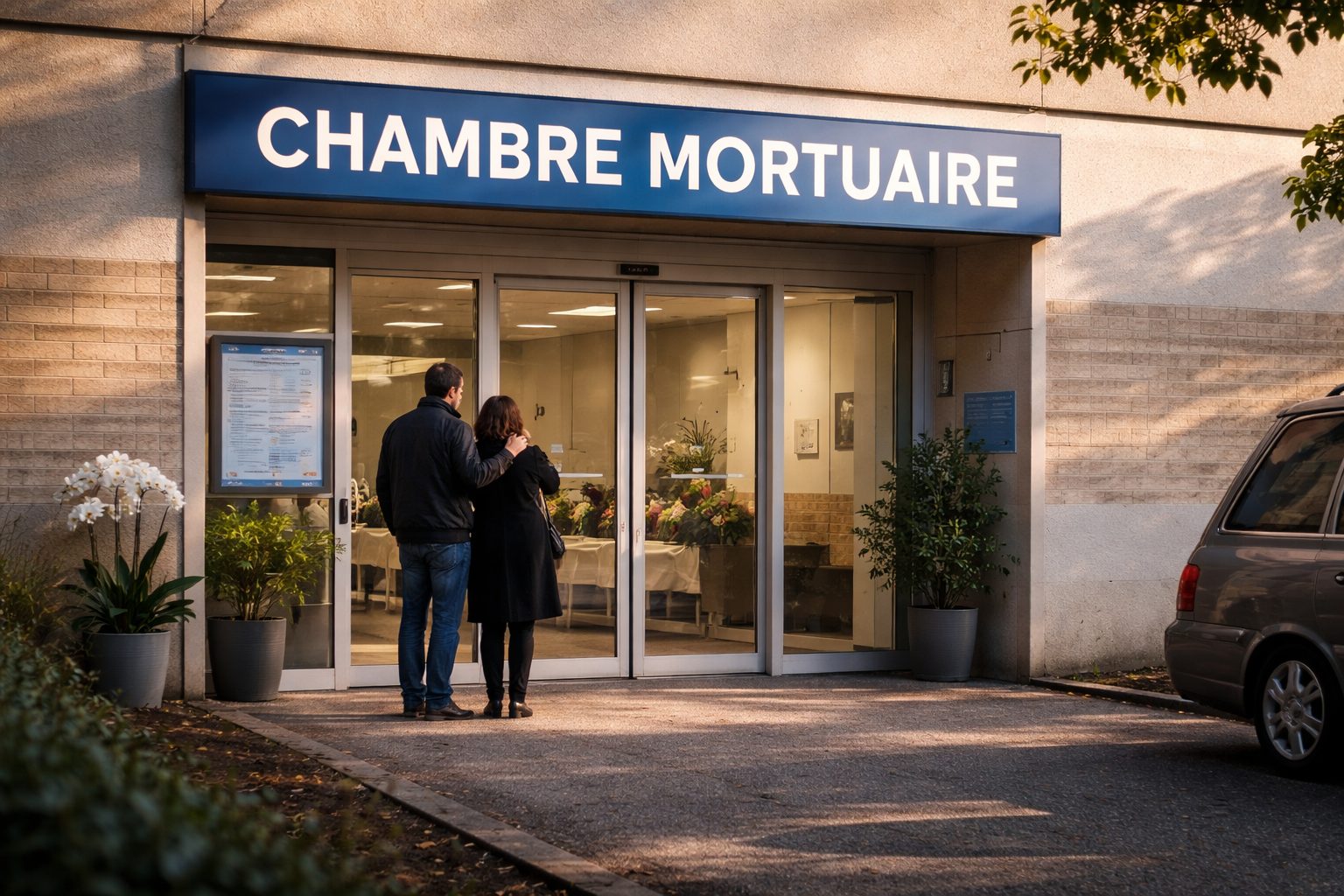 Entrée d’une chambre mortuaire d’hôpital avec un couple devant les portes pendant le week-end