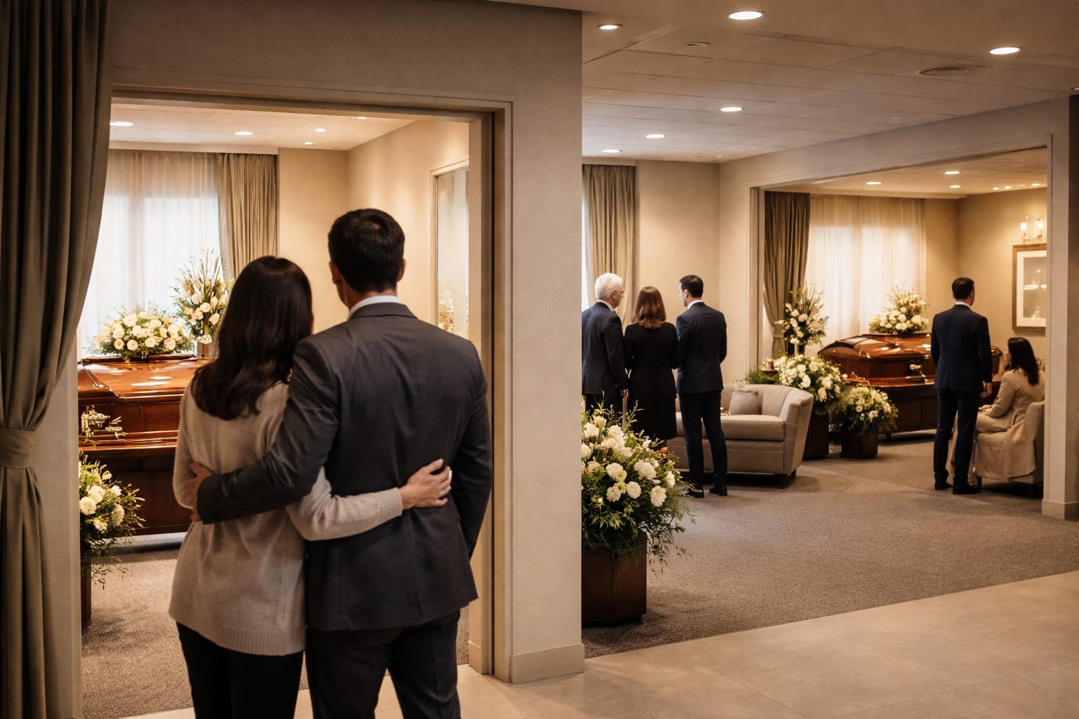 Chambre funéraire avec plusieurs salons privés accueillant plusieurs familles le même jour dans un cadre calme et respectueux