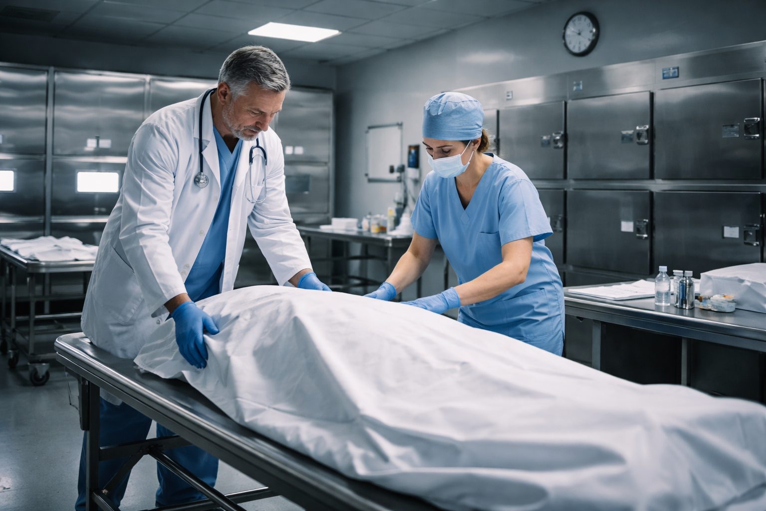 Personnel hospitalier transférant un défunt dans une chambre mortuaire au sein d’un hôpital