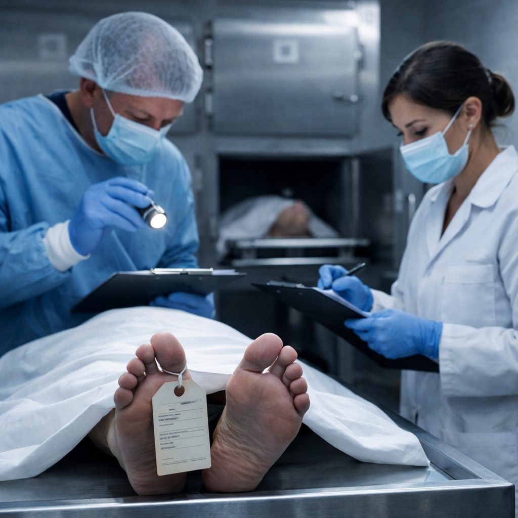 Professionnels de morgue réalisant des contrôles d’identification et de traçabilité avant le transfert d’un défunt