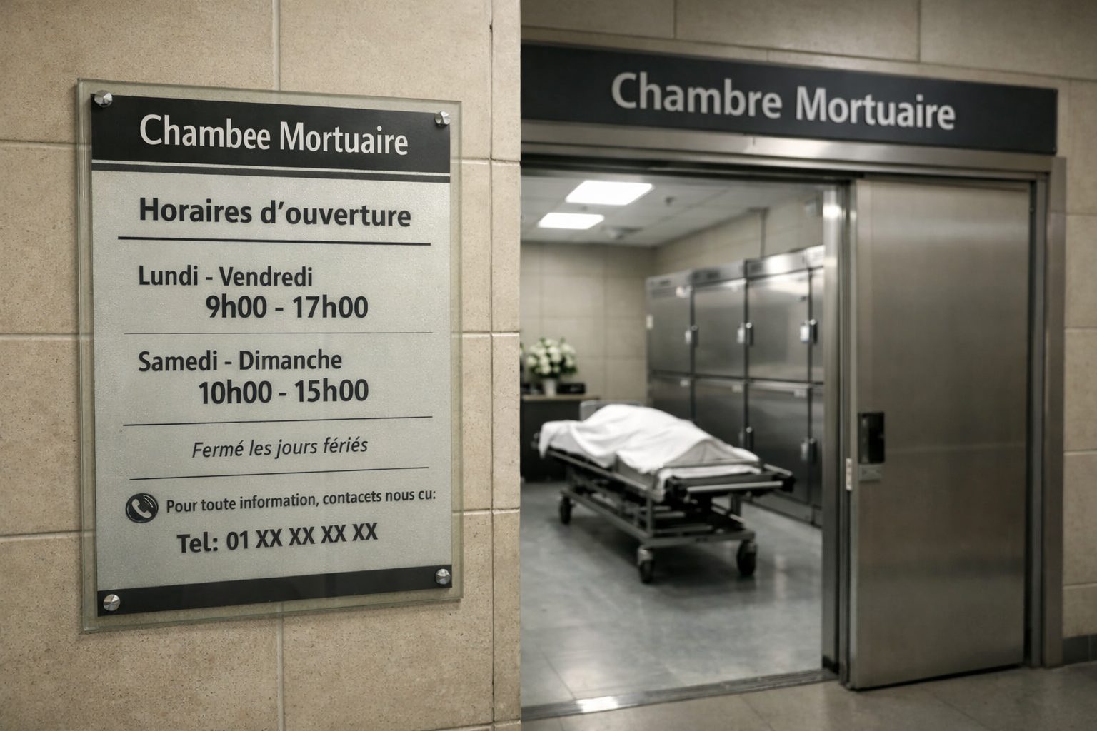 Horaires d’ouverture d’une chambre mortuaire dans un hôpital avec panneau d’information à l’entrée