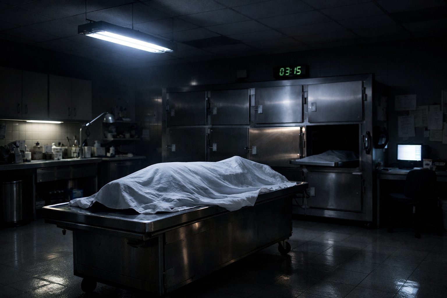 Chambre mortuaire la nuit dans un hôpital avec espace réfrigéré, table de préparation et éclairage tamisé
