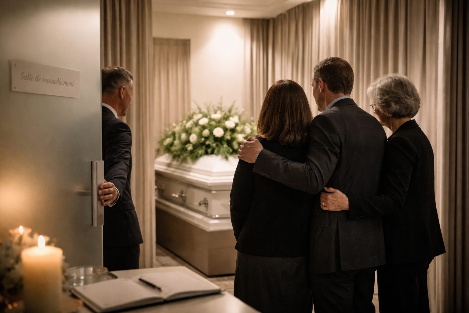 Famille dans une chambre funéraire privative avec un maître de cérémonie refermant discrètement la porte pour préserver la confidentialité des proches