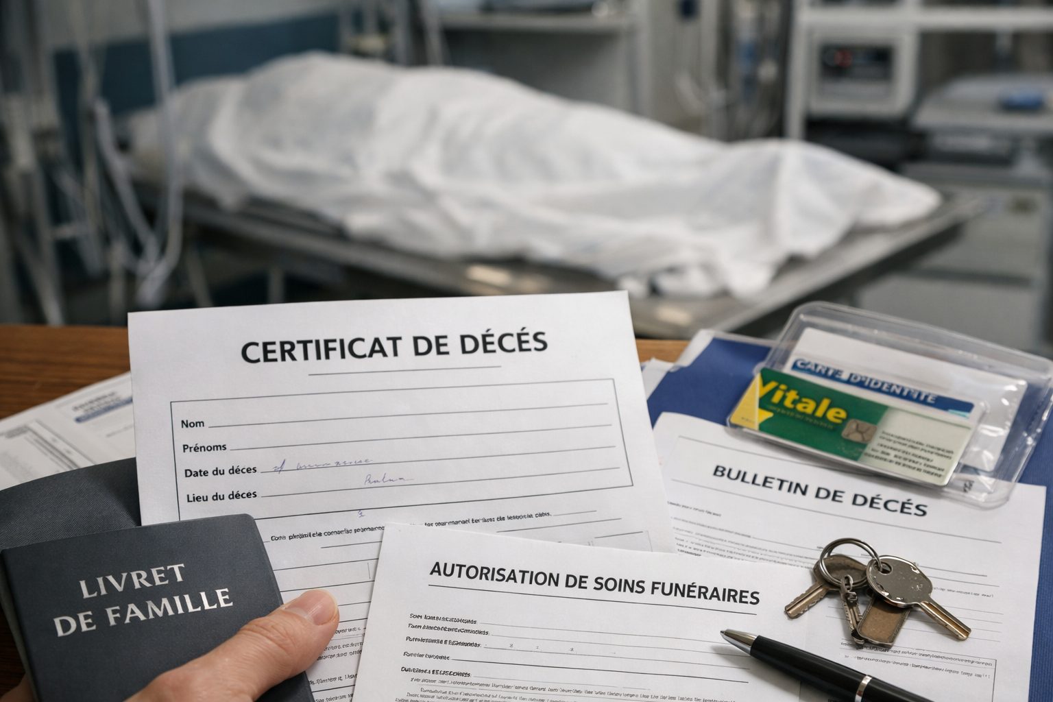 Documents remis par l’hôpital après un décès avec certificat de décès, livret de famille et effets personnels en milieu hospitalier