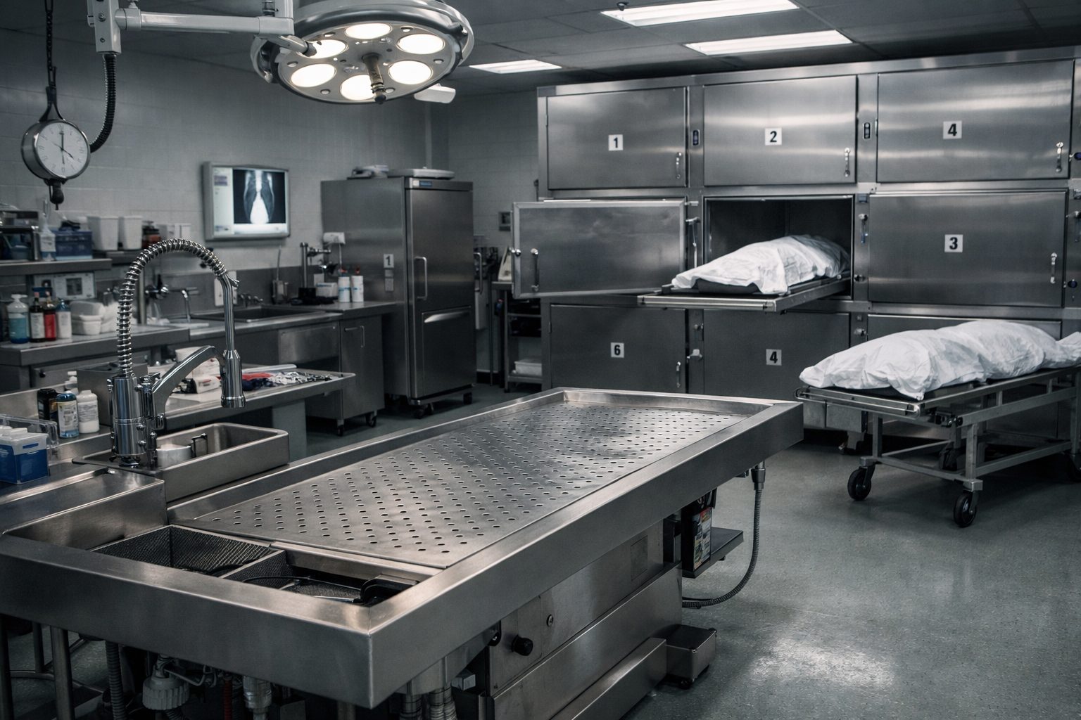 Équipements d’une morgue hospitalière avec table de préparation, chambres froides et matériel de conservation