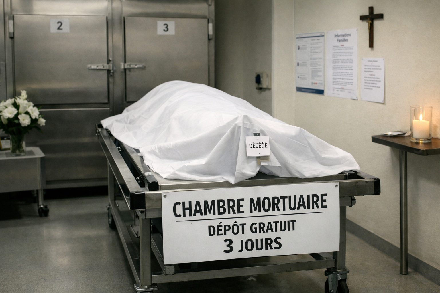 Chambre mortuaire dans un hôpital avec civière recouverte d’un drap blanc et indication sur la gratuité du dépôt pendant trois jours