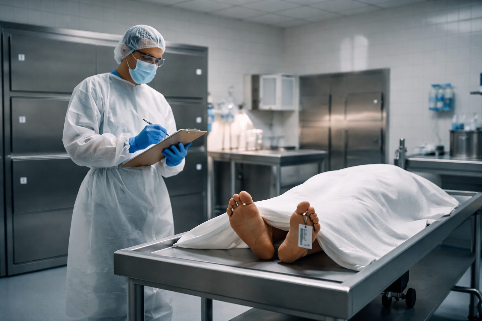 Professionnel en tenue de protection dans une chambre mortuaire respectant des règles strictes de sécurité, d’hygiène et de traçabilité