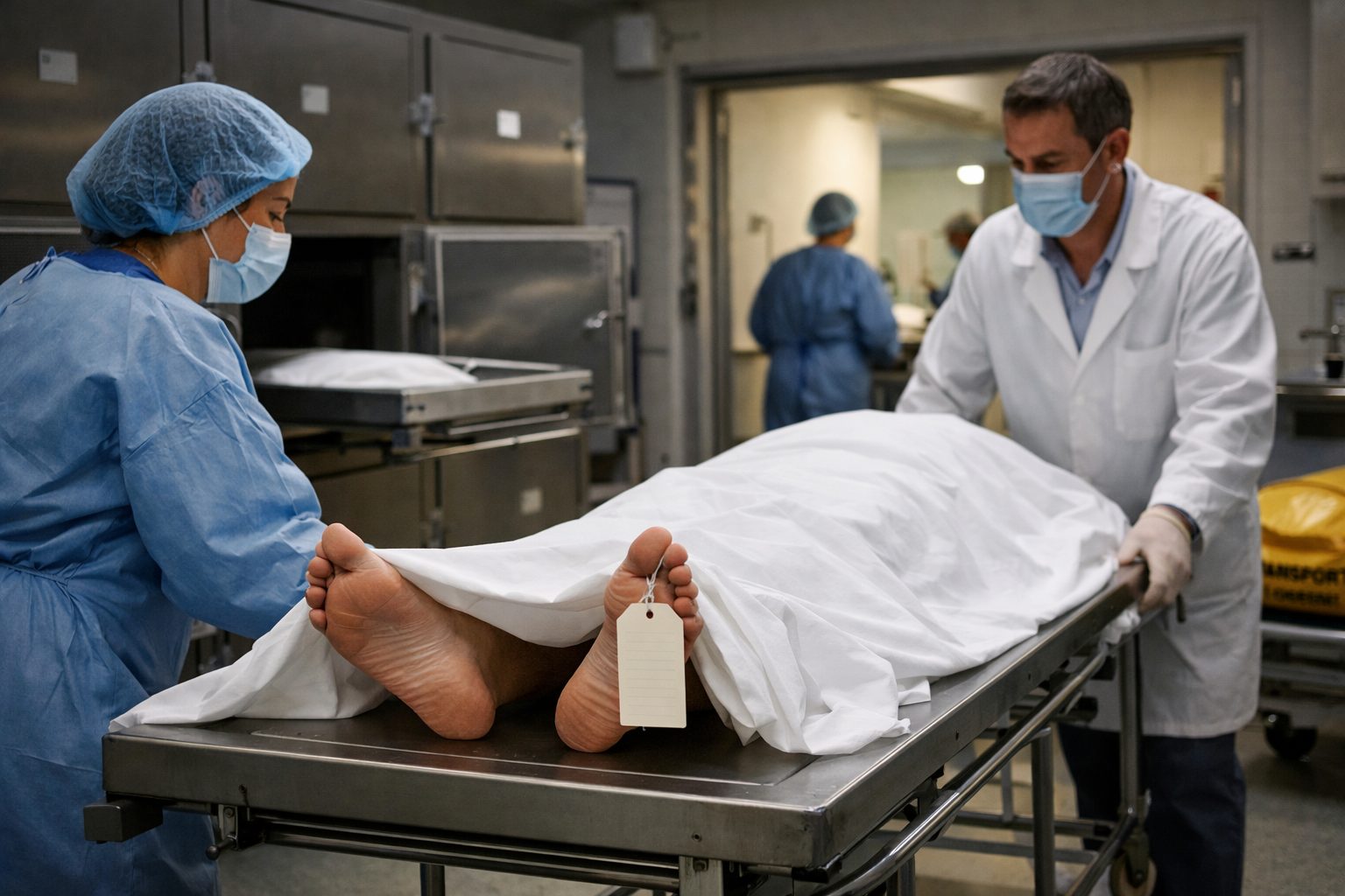 Préparation de la sortie du corps à l’hôpital par le personnel médical en chambre mortuaire