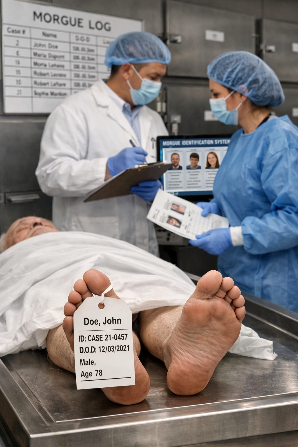 Techniciens en morgue vérifiant l’identification d’un défunt grâce à une étiquette, des documents de contrôle et un suivi rigoureux