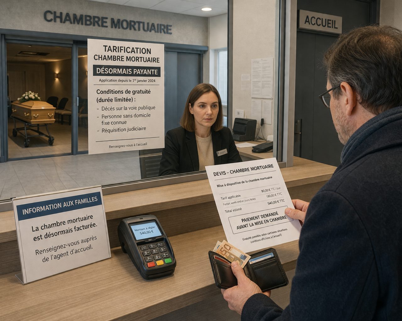 Accueil d’une chambre mortuaire dans un hôpital avec affichage des tarifs et échange entre un proche du défunt et une agente d’accueil