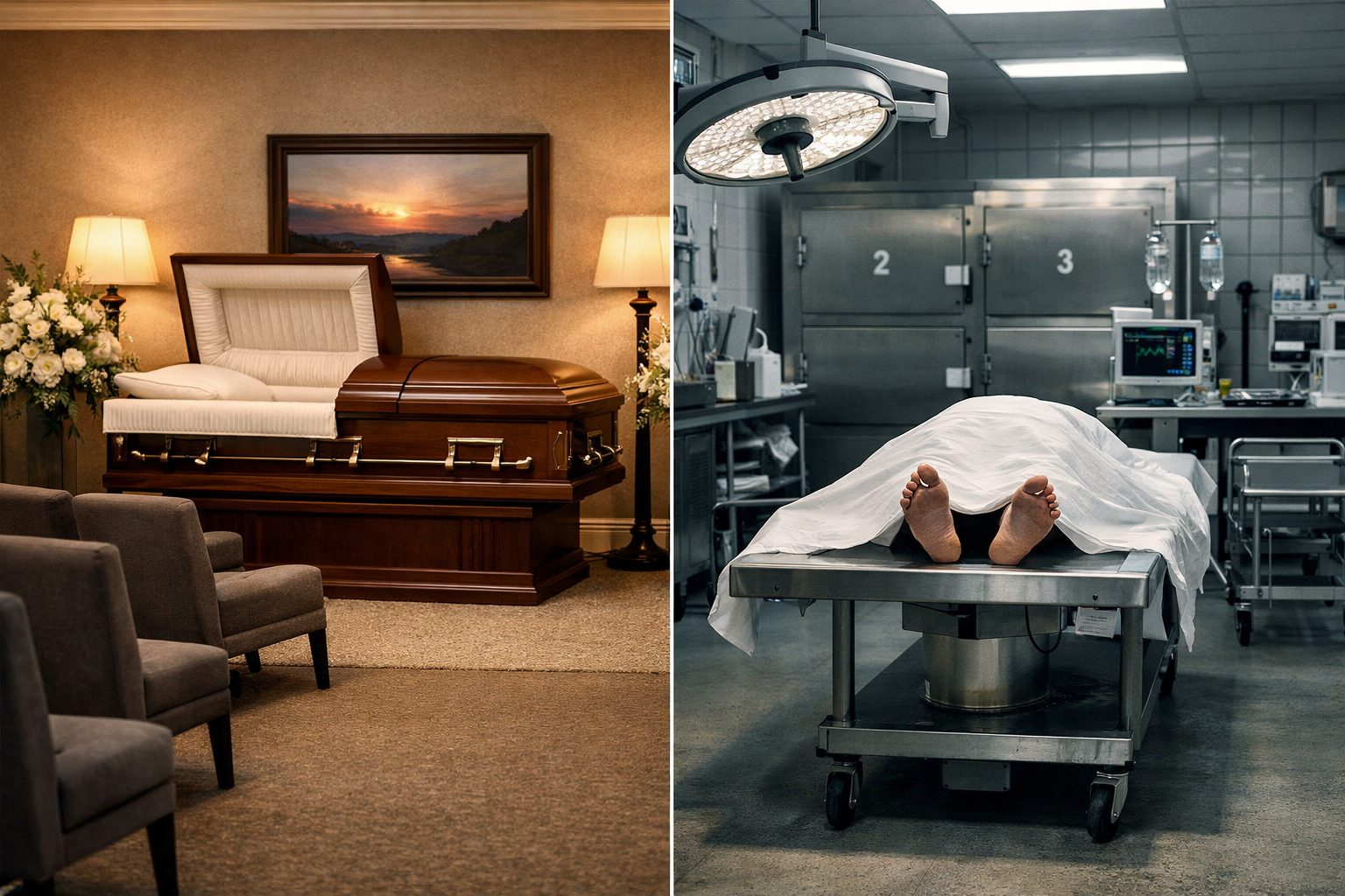 Comparaison visuelle entre une chambre funéraire chaleureuse et une chambre mortuaire hospitalière au cadre clinique