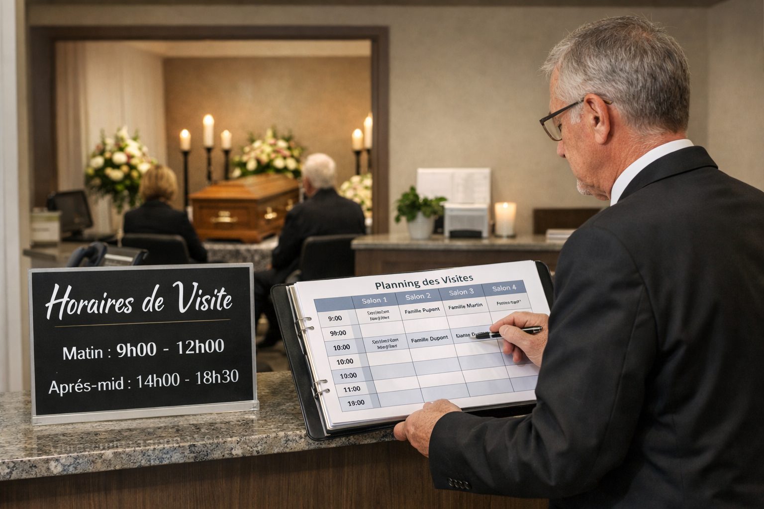 Directeur funéraire organisant les horaires de visite dans une chambre funéraire devant un salon de recueillement