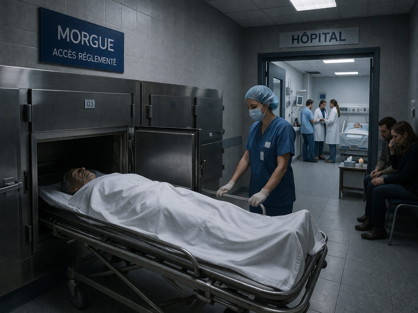 Morgue hospitalière après un décès avec personnel soignant et corps pris en charge dans un espace dédié