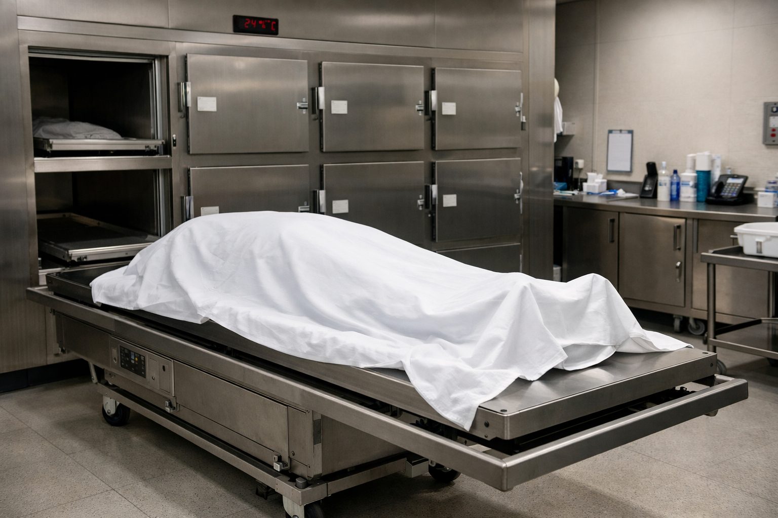 Chambre mortuaire dans un hôpital avec table réfrigérée et espace de conservation du défunt