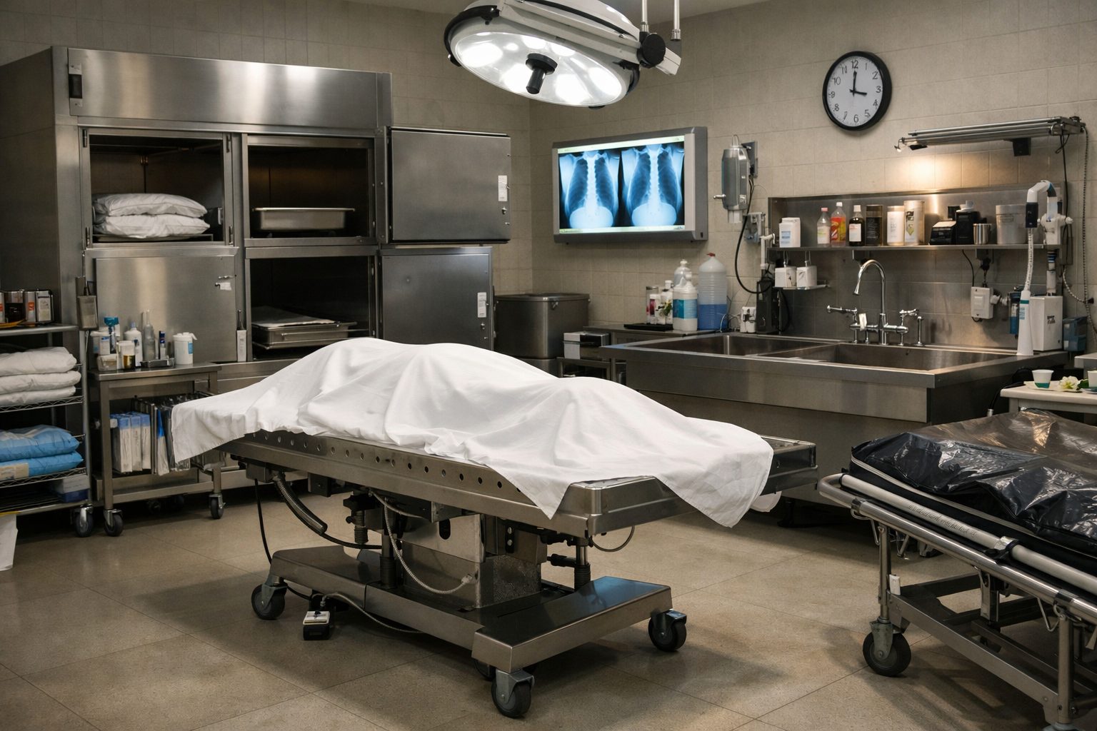 Équipements présents dans une chambre mortuaire avec table technique, cellules réfrigérées, chariot de transport et zone de préparation