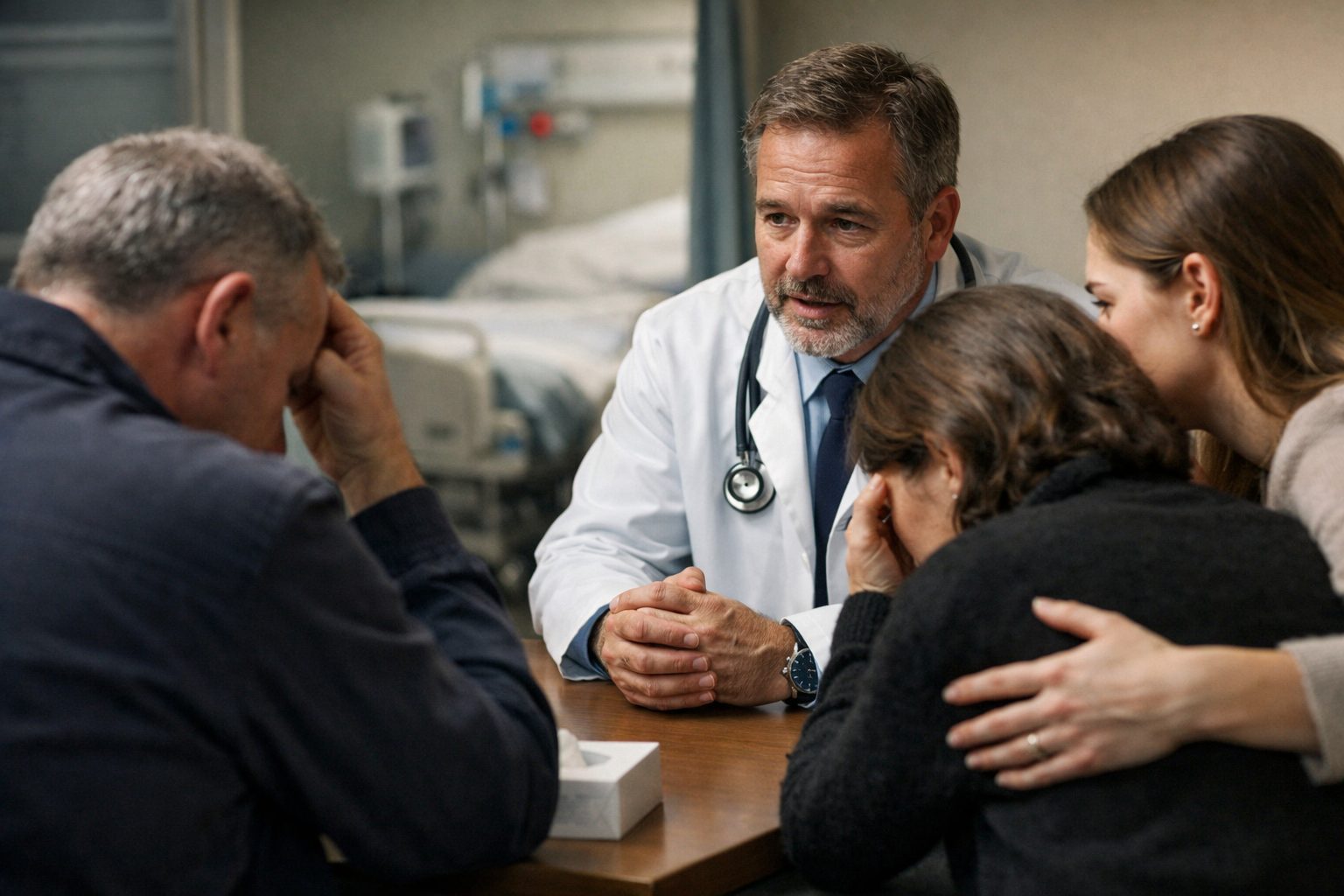 Médecin hospitalier annonçant un décès à une famille en salle de consultation