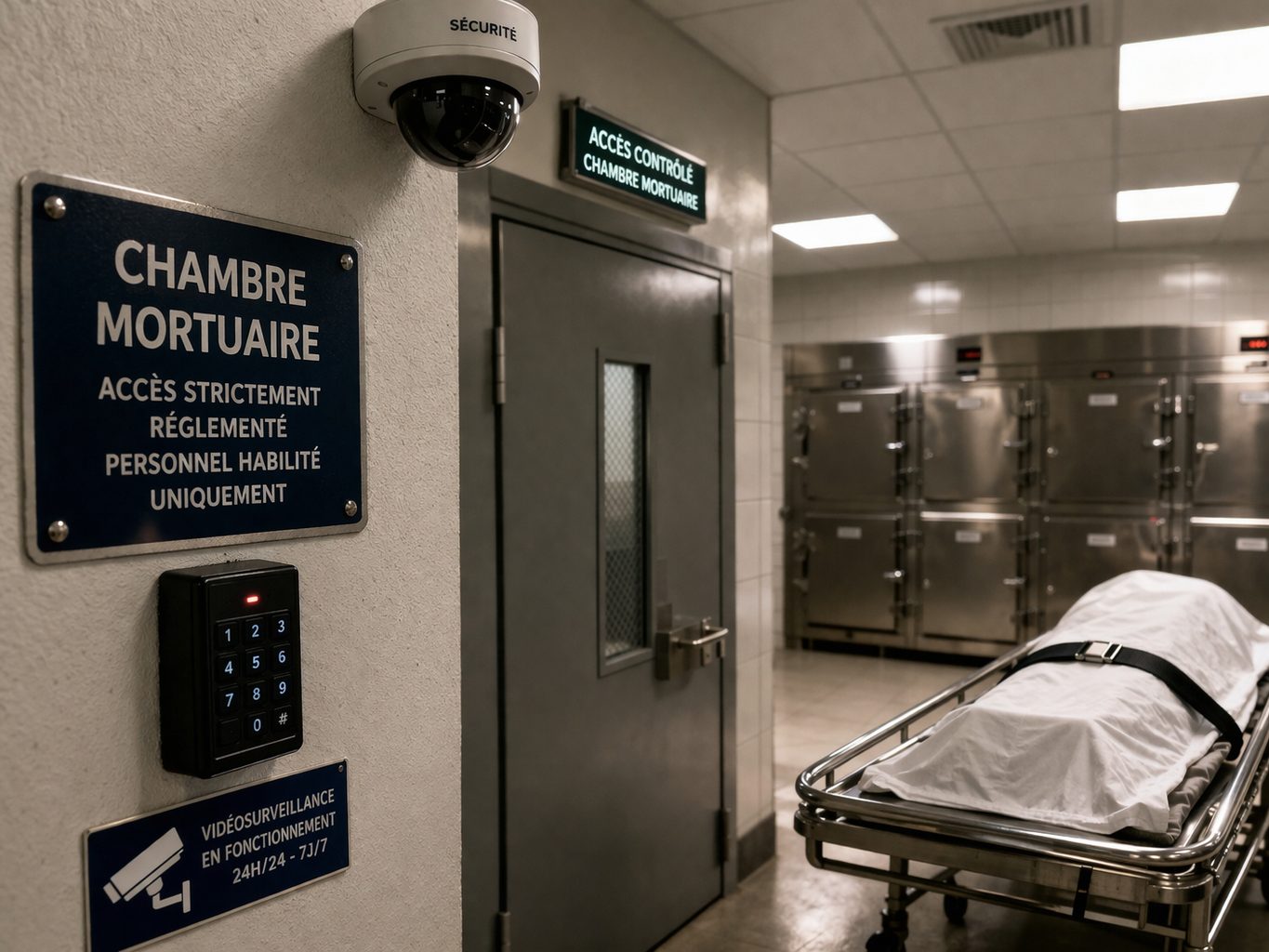 Chambre mortuaire sécurisée avec contrôle d’accès, vidéosurveillance et espace de conservation dans un établissement de santé