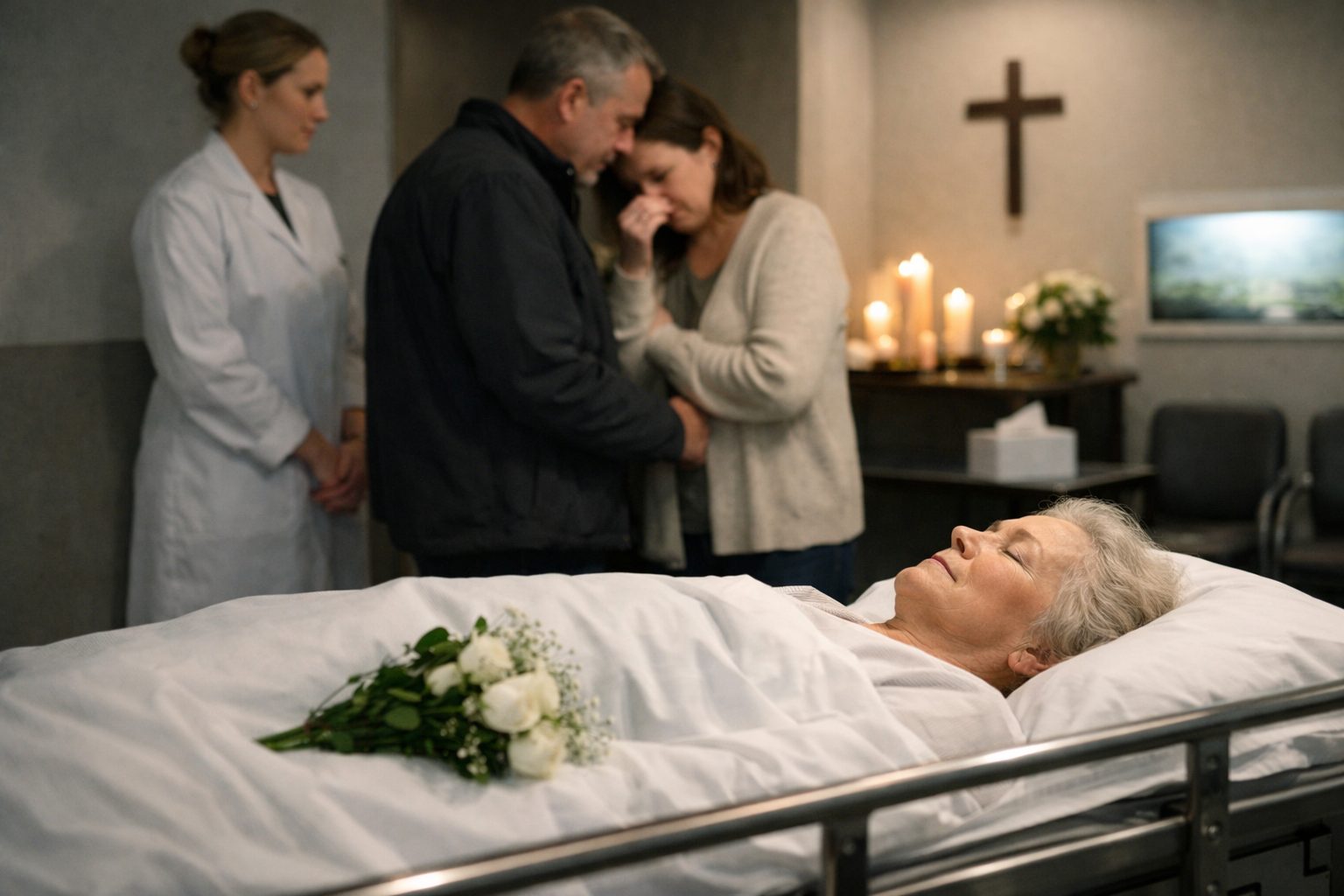 Des proches se recueillent dans une chambre mortuaire auprès d’une défunte allongée, dans un espace calme et sobre.