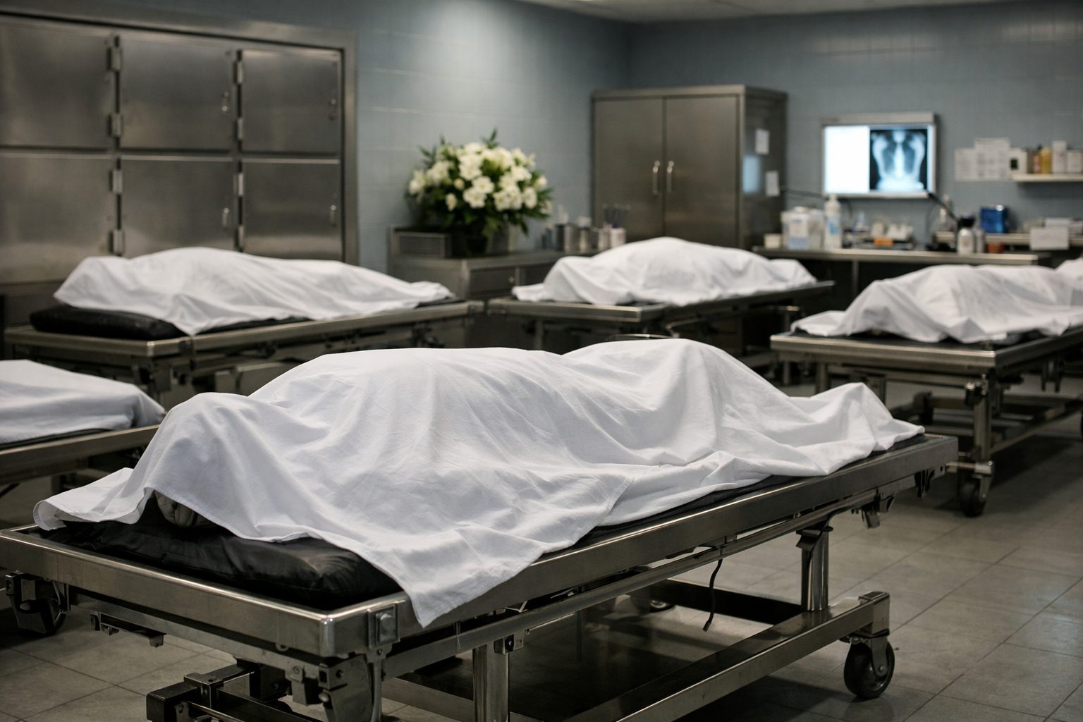 Vue réaliste d’une chambre mortuaire hospitalière organisée pour accueillir plusieurs défunts dans un espace sobre, propre et respectueux