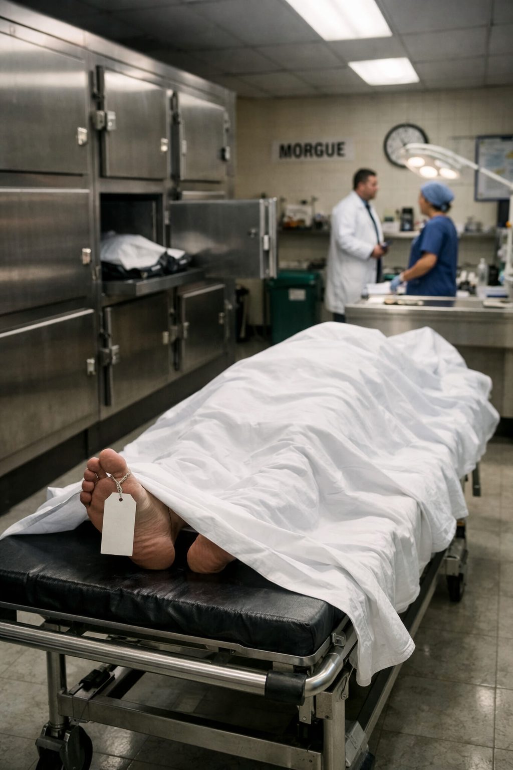 Chambre mortuaire dans un hôpital avec brancard et espace médical dédié après un décès