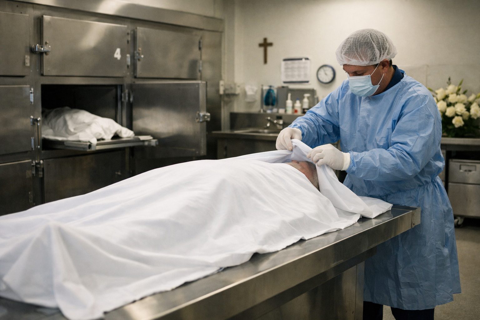 Professionnel en morgue préparant avec soin le corps d’un défunt dans un environnement respectueux et sécurisé