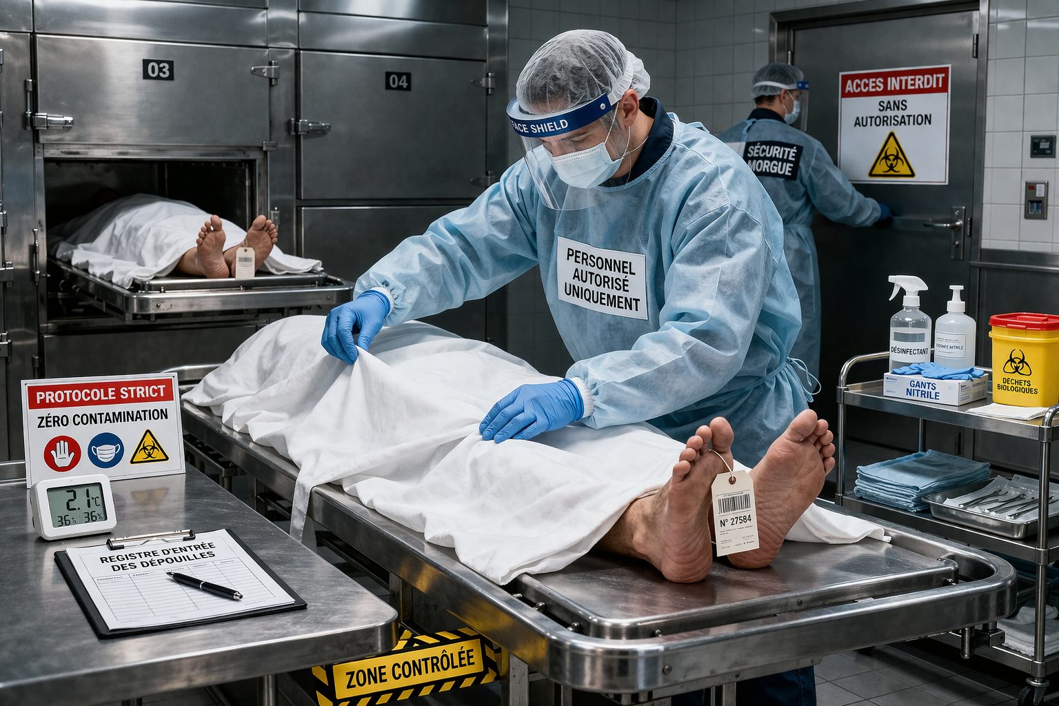 Technicien de morgue appliquant des protocoles stricts dans une chambre mortuaire sécurisée