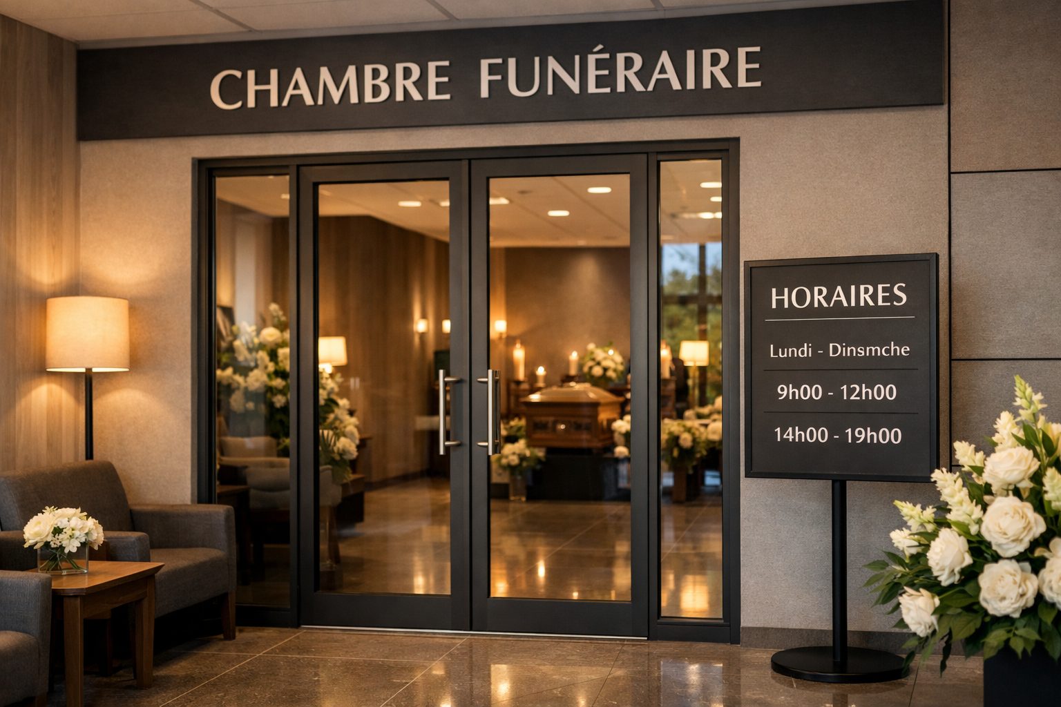 Entrée d’une chambre funéraire avec panneau des horaires de visite et salon de recueillement visible à travers les portes vitrées
