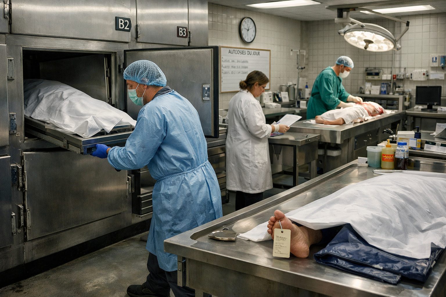 Morgue d’hôpital en fonctionnement quotidien avec espace de conservation, personnel médical et zone technique