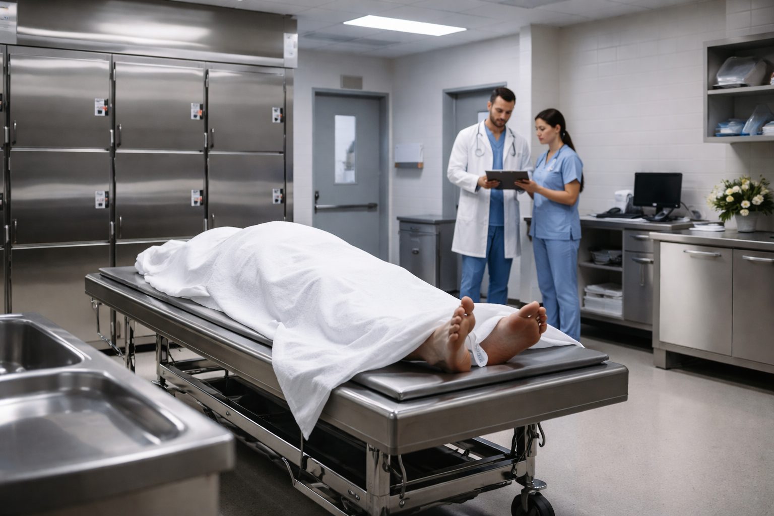 Chambre mortuaire intégrée à l’organisation hospitalière avec personnel soignant dans un espace hospitalier dédié