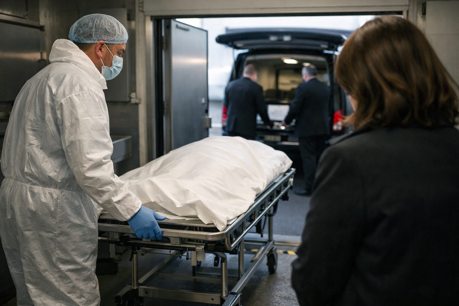 Sortie du corps depuis une chambre mortuaire avec accompagnement du personnel et présence d’un proche en deuil