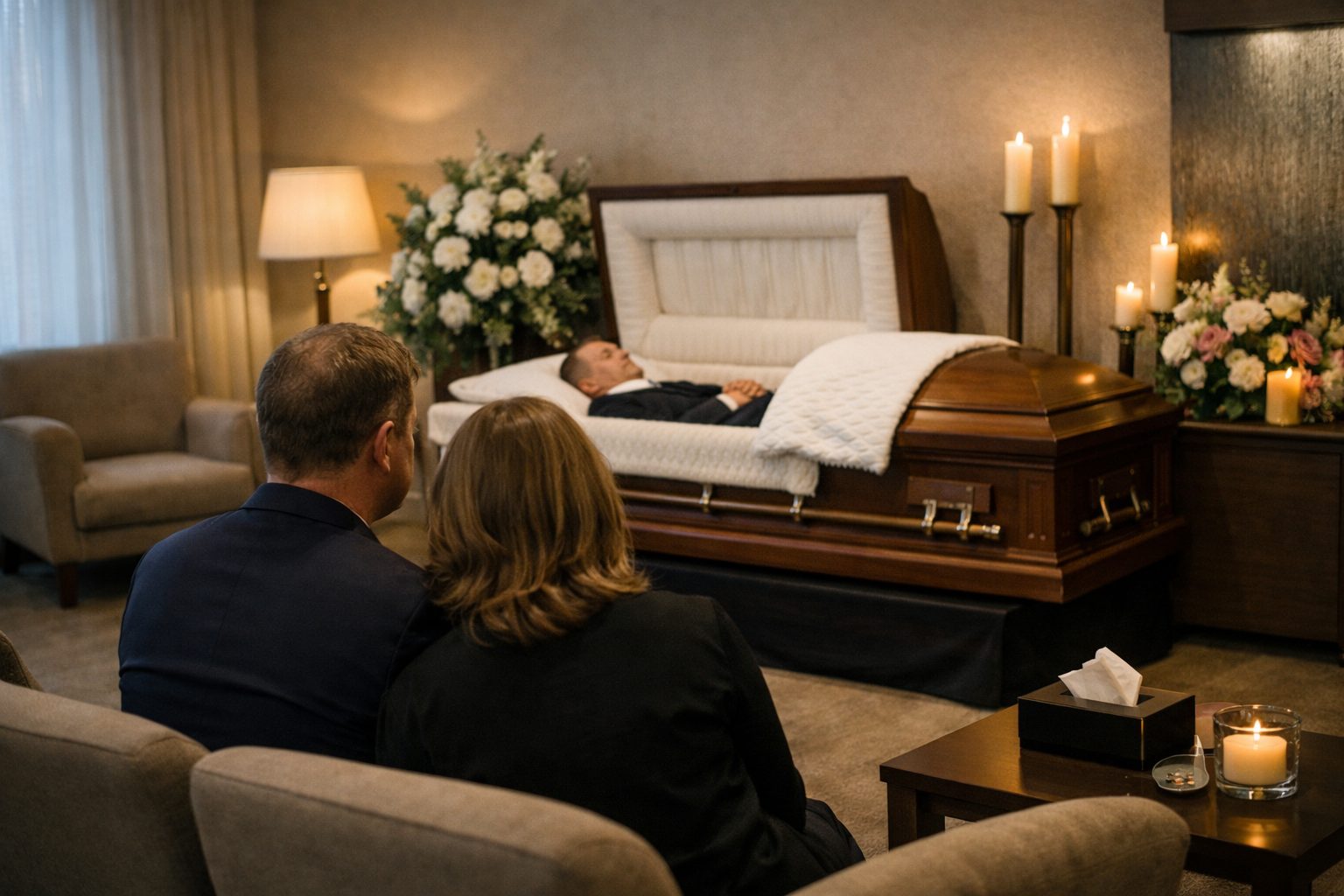 Famille en recueillement dans une chambre funéraire avant les obsèques