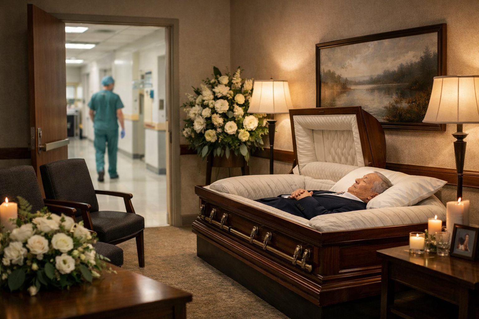 Chambre funéraire apaisée après un décès à l’hôpital avec cercueil, fleurs blanches et ambiance de recueillement