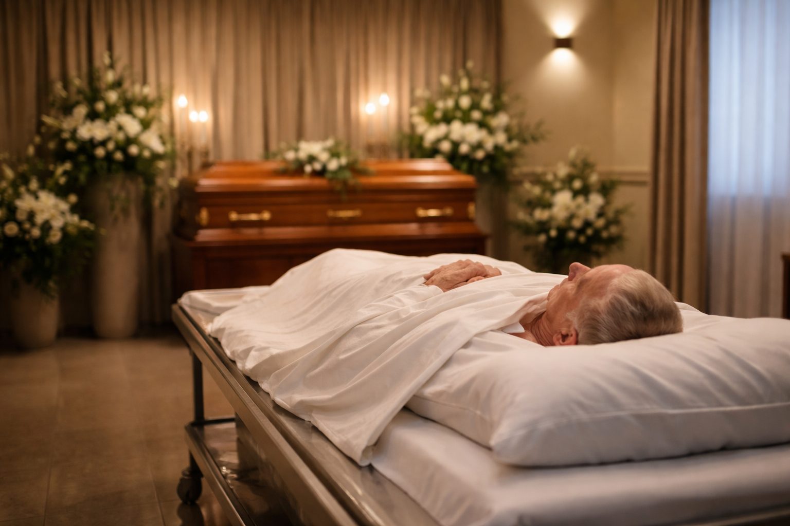 Corps reposant en chambre funéraire avant les obsèques dans un salon funéraire apaisé