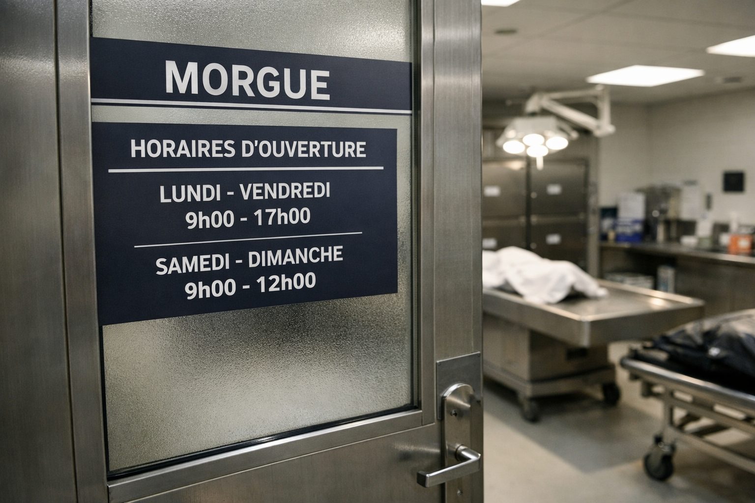 Porte de la morgue d’un hôpital avec affichage des horaires d’ouverture