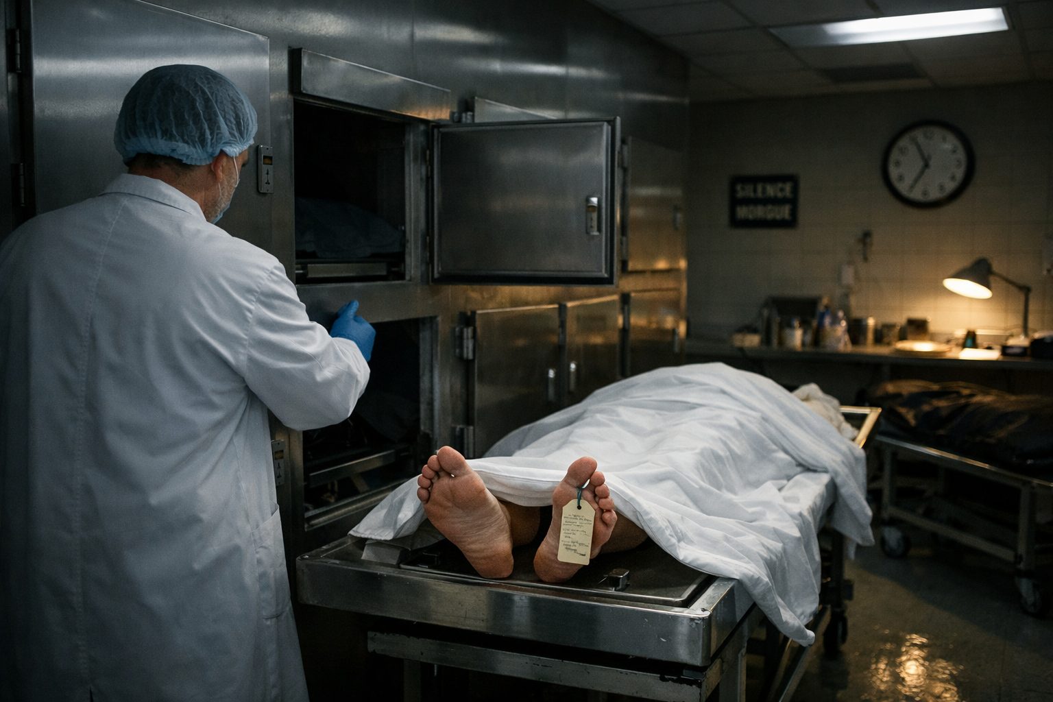 Morgue utilisée la nuit avec un agent hospitalier dans une salle de conservation des corps