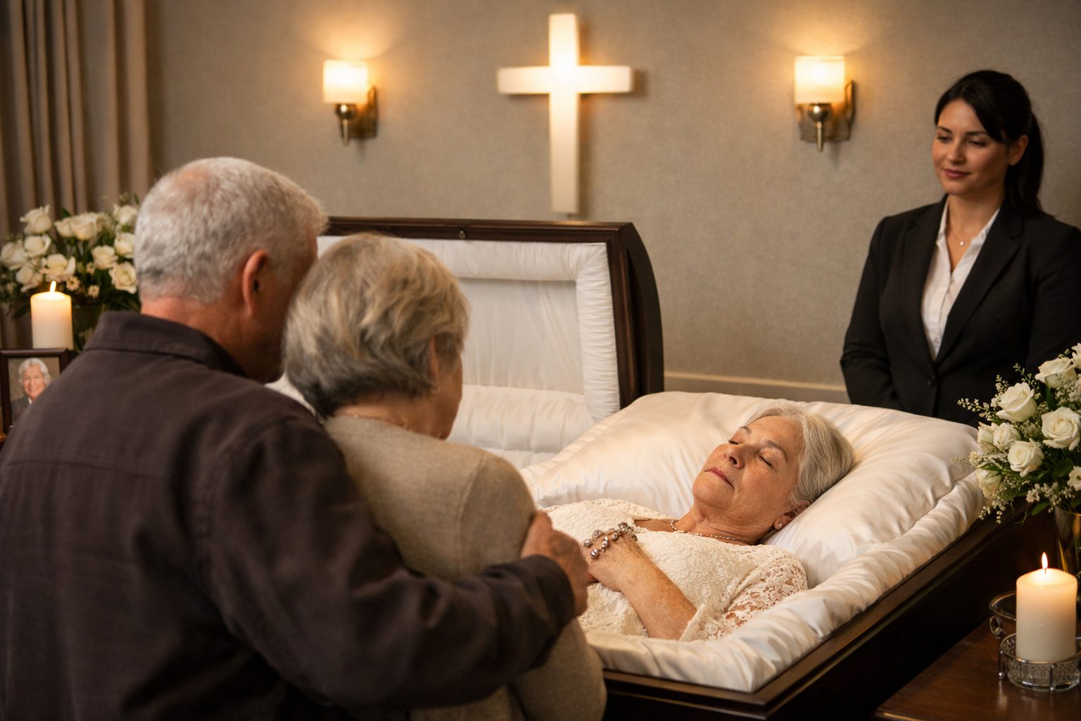Famille en recueillement dans une chambre mortuaire apaisante avant les obsèques