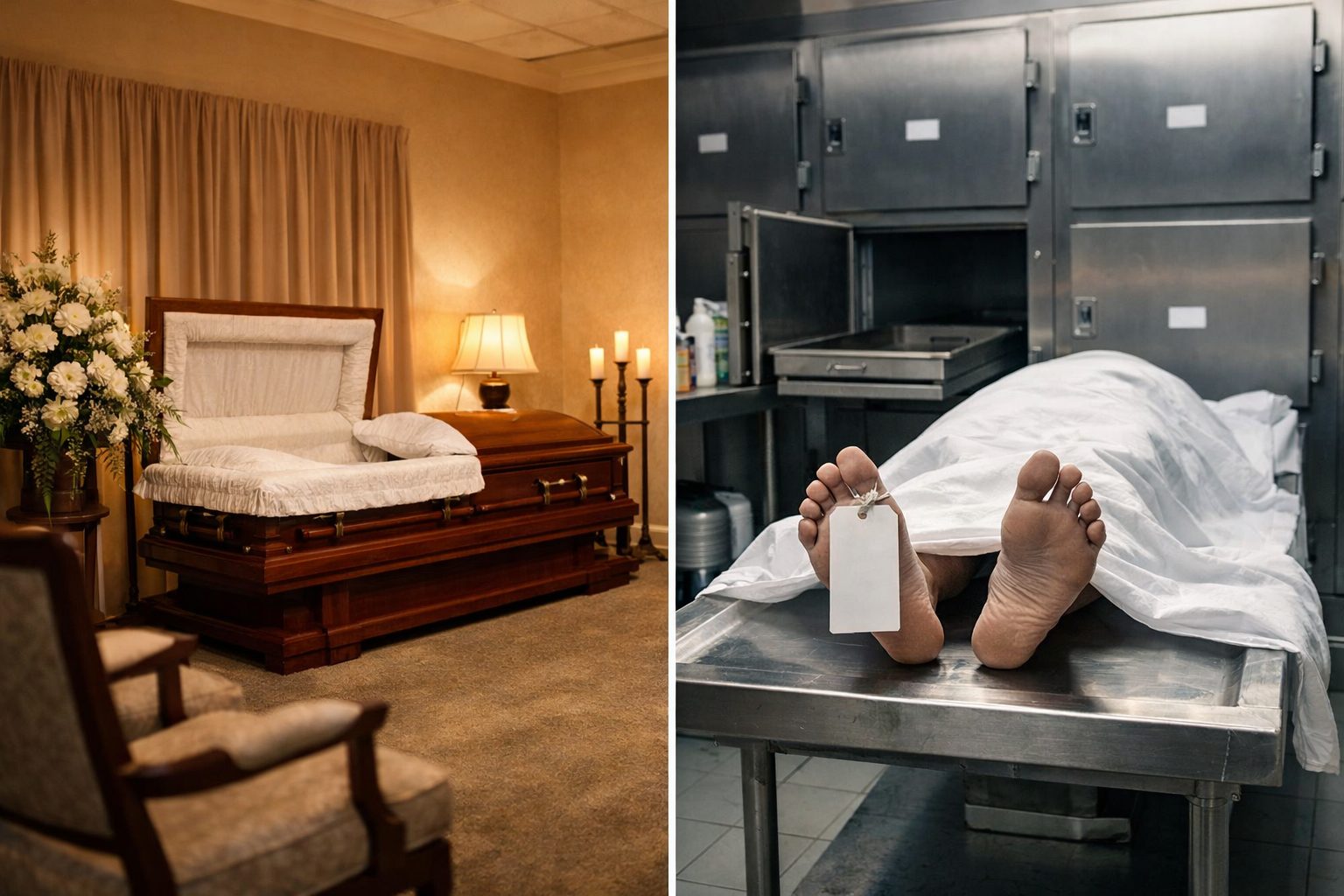 Comparaison réaliste entre une chambre funéraire apaisante et une morgue au cadre médical et technique