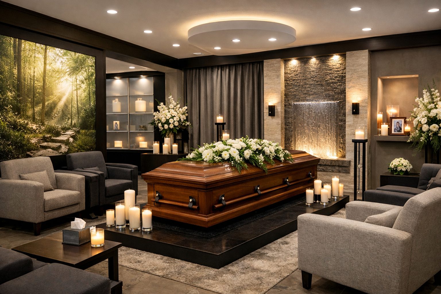 Intérieur ultra réaliste d’une chambre funéraire moderne avec salon de recueillement, lumière douce, fauteuils confortables et ambiance apaisante.