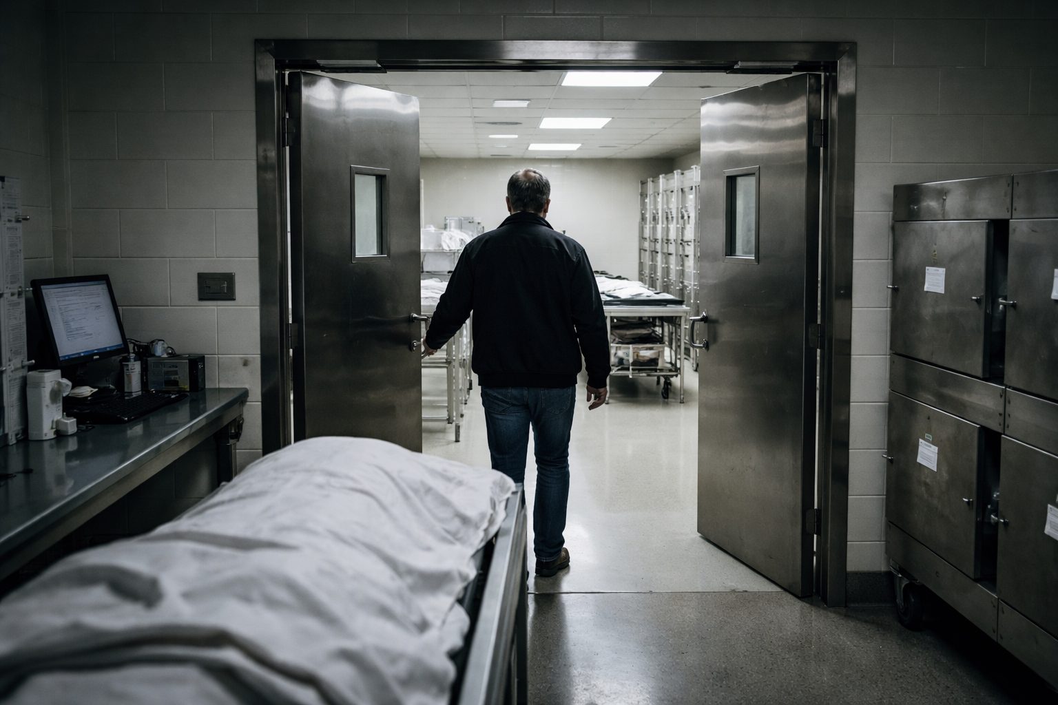 Entrée dans une morgue hospitalière avec portes métalliques ouvertes et espace de recueillement en arrière-plan