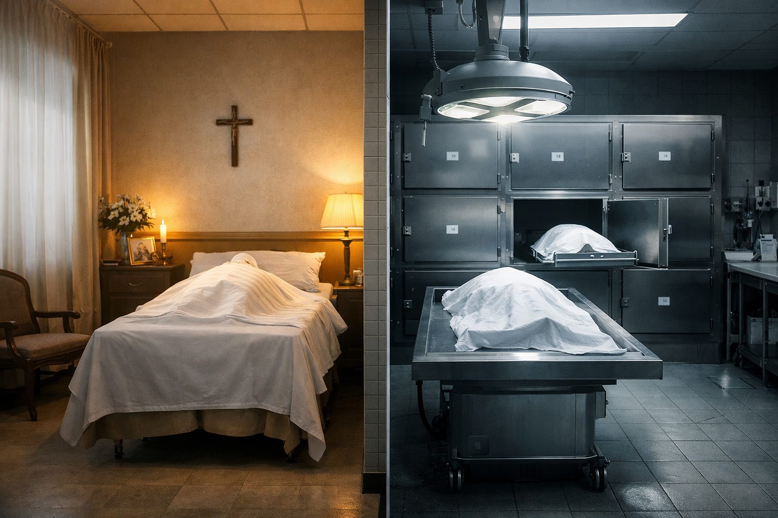 Différence entre une chambre mortuaire et une morgue dans une illustration ultra réaliste montrant un espace de recueillement à gauche et un environnement médico-légal à droite