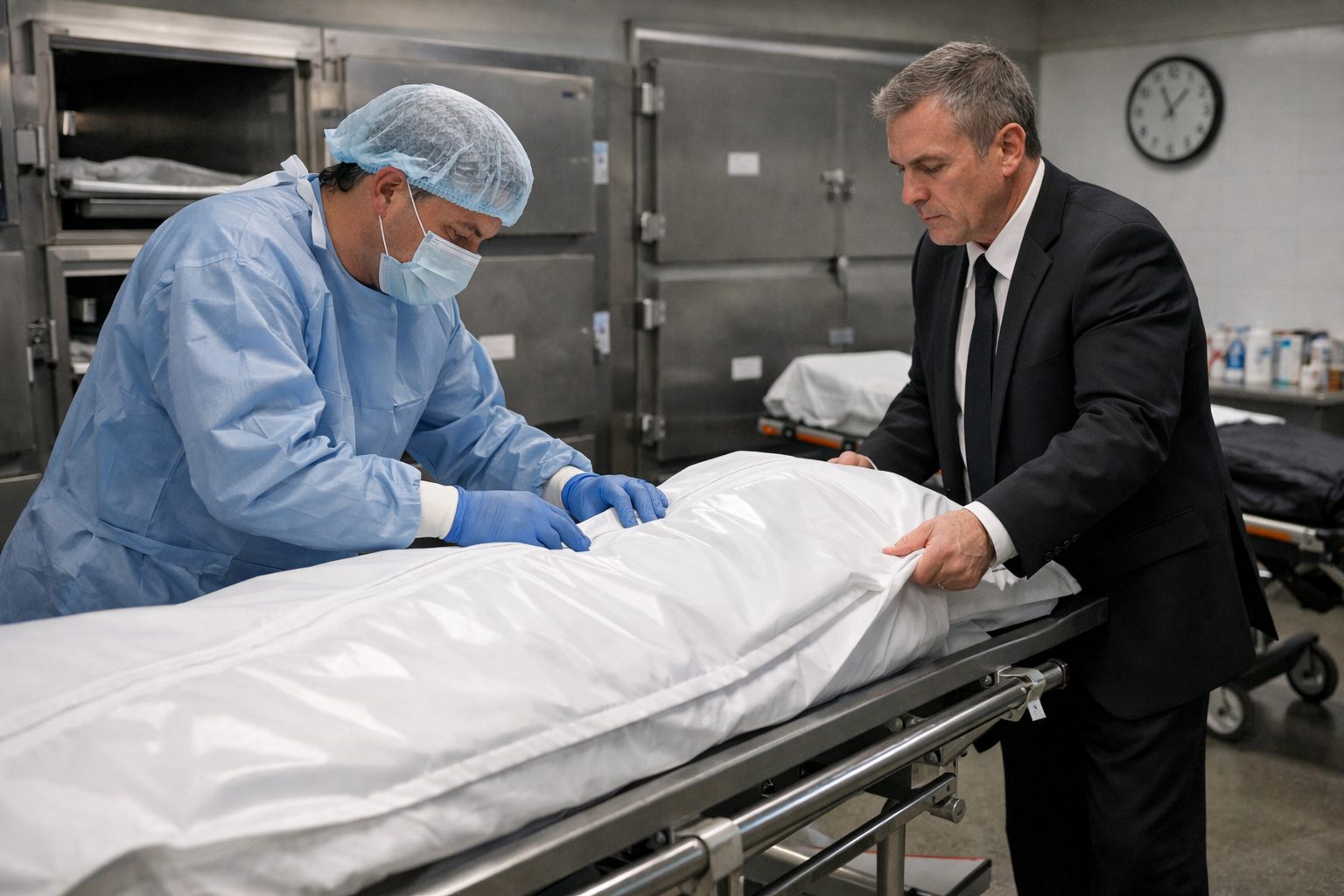 Préparation du transfert du défunt en chambre mortuaire par des professionnels funéraires