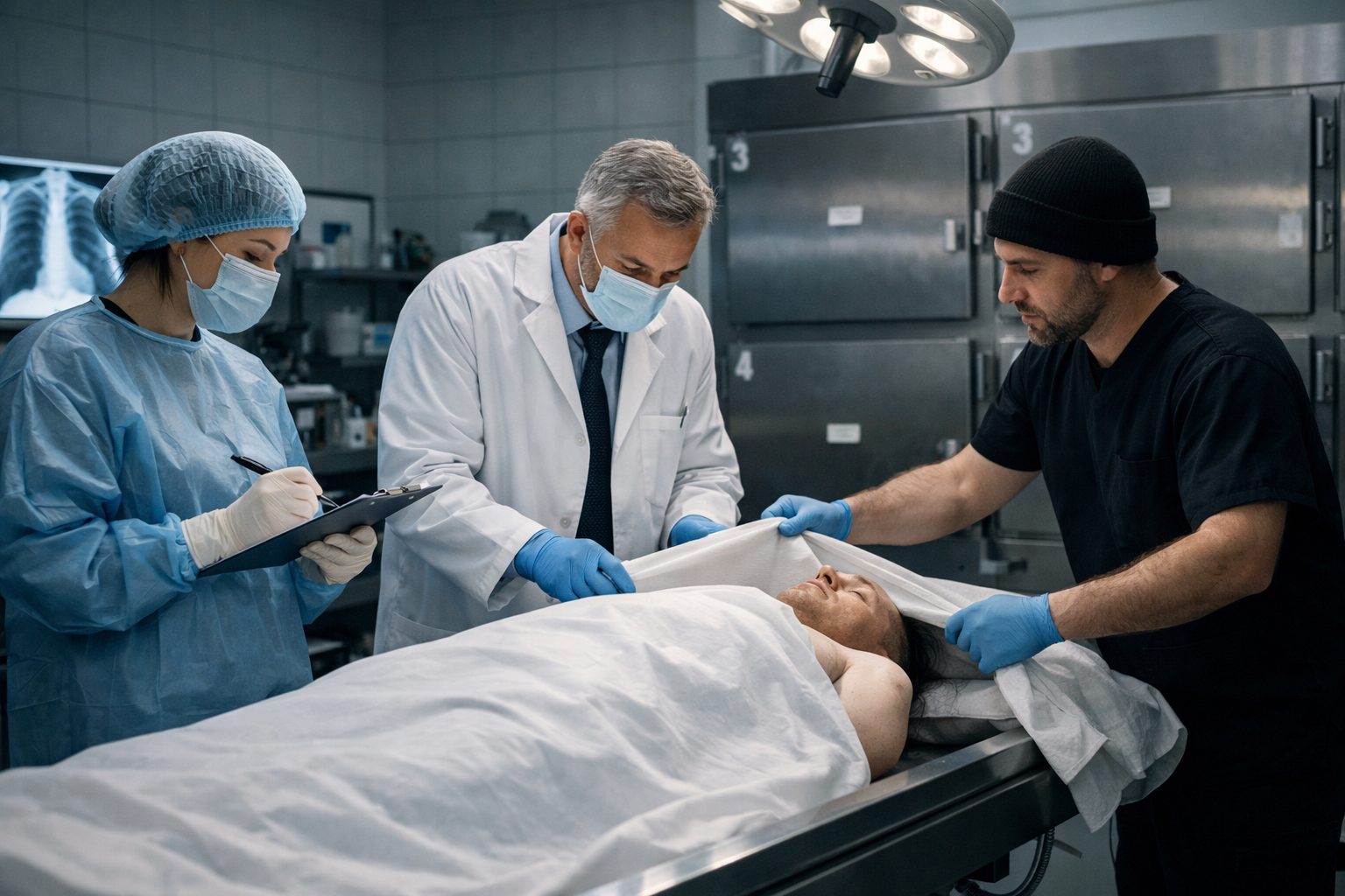 Personnel travaillant dans la morgue d’un hôpital autour d’un défunt dans un service mortuaire hospitalier